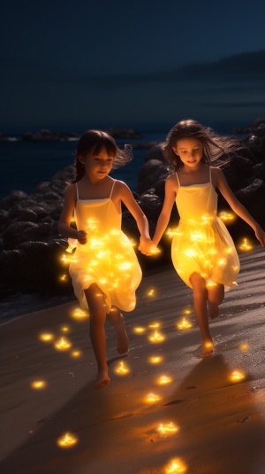 海边萤光中的两个跑跳女孩