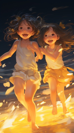 海边萤光中的两个跑跳女孩