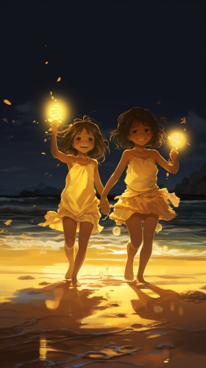 两个小女孩，穿着白色吊带裙，光着脚丫，在海边沙滩上奔跑玩耍，身上散发着黄色的萤光