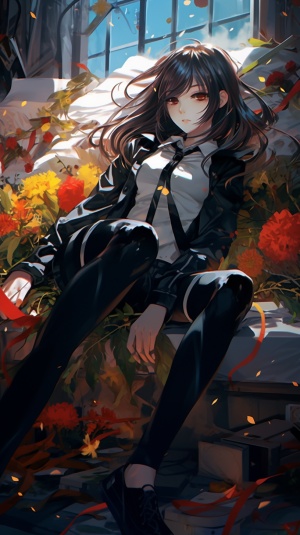 漫画风格的色彩鲜艳插画：jk制服少女躺在堆花床上
