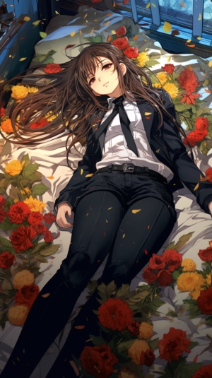 漫画风格的色彩鲜艳插画：jk制服少女躺在堆花床上