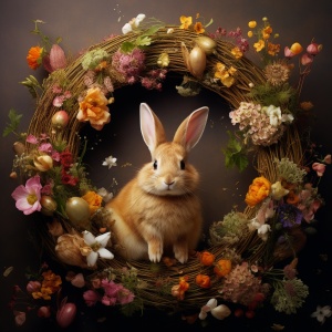 金丝藤花环中的小兔子和春天的野花