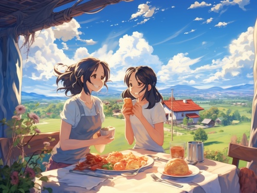 两个女孩的日常生活，如回农村老家，吃饭，聚会，美丽的农村街道，宫崎骏的风格，晴朗的天空，蓝天白云