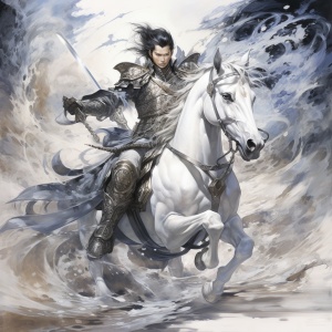 artistic ink painting,A handsome young Chinese man, wearing a set of silver armor , holding a very long and sharp spear. Behind this man is a white steed, with its eyes emitting white light,which is faintly visible. The intense ink painting, splashing effect, grand scene, splashing stones, bioluminescence, and side lighting are clear and distinct ar 3:4 s 750