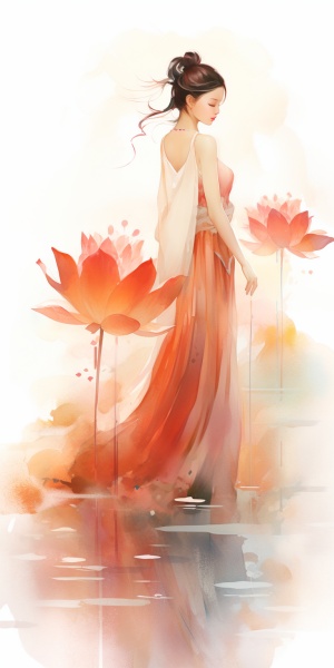 中国女孩淡红淡黄渐变色连衣裙，背后是一朵大荷花，面料光滑，梦幻和谐，色调朦胧柔和，白色背景干净无碎片