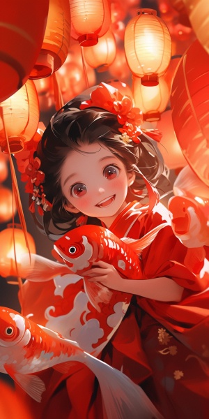 怀怉一条金鲤鱼的福娃娃，开心地笑，红色衣服，红色灯笼，背景虚化