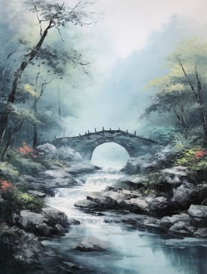 唯美意境，油画风景，迷雾森林，小桥流水，国画风景