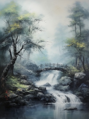 唯美意境，油画风景，迷雾森林，小桥流水，国画风景