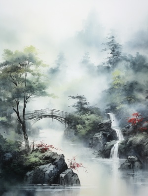 国画风景，迷雾森林与小桥流水