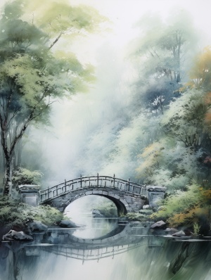 国画风景，迷雾森林与小桥流水