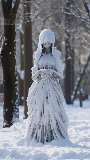 雪中公园的美女雕像及凄凉景象