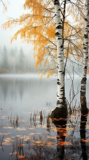 白桦林中，寒冷的秋风吹过，林间被白色雾气笼罩。湖水清澈如镜，映照出远处山峦的轮廓，绿色的草丛在水边招摇。真实的白桦树林沐浴在晨雾中，枝叶之间透出暖黄色的光线，带来一种安详的气氛。多角度拍摄，专业摄影师用尼康相机记录下这神秘而美丽的景象，图片高清16K，视觉上非常真实。