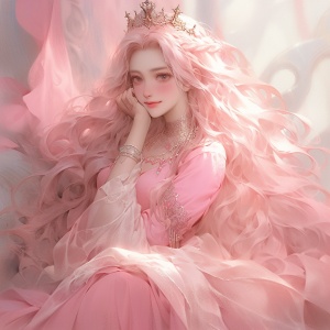 粉色波浪卷少女王座上的华丽光影