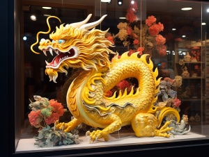 中国风商店窗口展示逼真金色中国龙雕像