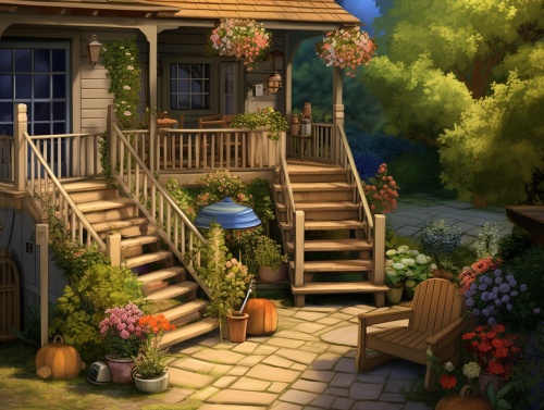 乡村自建房，楼梯，桌椅组合，花草，外景