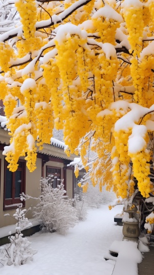 大雪覆盖的黄色腊梅树营造唯美自然意境