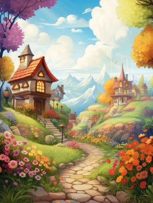 children's book illustration of a cozy little town,where houses were painted in vibrant colors and flowers bloomed in every corner