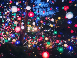 五彩缤纷的圣诞灯光与节日装饰