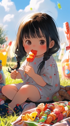 小女孩手持棒棒糖坐草地，面容逼真，表情强烈