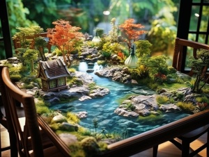 高度详细的微型室内湖与花园桌面模型