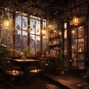 咖啡店的窗户，窗边垂落着花藤，柔光洒满小屋，二只藤椅 依靠在窗户前，自愈美景，浪漫画面，星光闪烁，中景