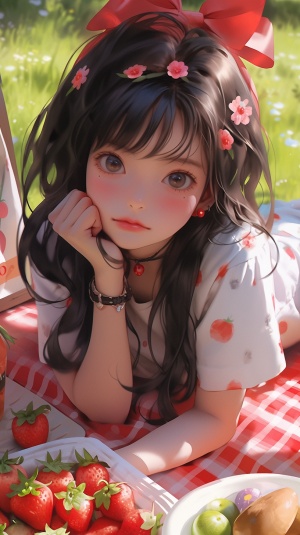 可爱少女在户外野餐草地上享受美食