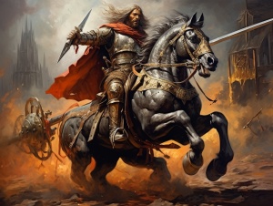 中世纪的骑士，30岁，强壮的战马，手握长枪，写实风
