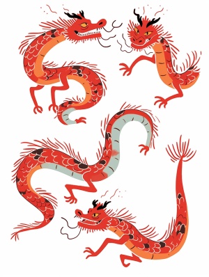 Chinese wind dragon illustration, four poses and expressions ,smile, sad, angry, anticipation, different emotions, multiple poss and expressions, colorful, minimalist, stick figure, flat illustration, Clean background, Keith Haring Keith Haring, Simplified method, Chinese style, Chinese Tradition, New Year, anthropomorphic, board drawing, De Stiji, Bold lines,8k-ar 3:4