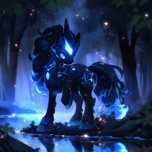 3D，立体感，皮克斯风格，lovely cool night pony，午夜马，黑夜，pony，背景是一条发着蓝色光芒的小溪，石块，森林，小马在小溪里，倒影，荧光，夜晚,高品质，大师之作，精致的pony盔甲，精致的黑色盔甲，精致的眼睛刻画，蓝紫色渐变毛发，绚丽的光影，丁达尔效应，光晕，可爱，3D，，genshin impact，一只小马，发光，午夜猫，，可爱炫酷，月全食，黑色盔甲，可爱，城堡，小马pony在古堡里，黑色pony，皮克斯动画，，月环食，pony的可爱精灵风格，小神兽pony，发光的鳞片，发光，，漫画，立体，3D，超清晰超细致，可爱，呆萌呆萌，游戏风格,原神风格，立体感，with,some,feathers,on,shoulders,,a,kitten,in,chinese,style,attire,,in,the,style,of,3d,game,art,,ethereal,figures,,booru,,3d,,serene,faces,,animated,illustrations，black and blue，游戏中的小猫，3D，立体，游戏，,,in,the,style,of,realis