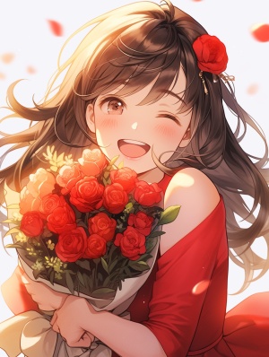 一个可爱美丽红色衣服女孩，高兴的双手抱着无数黄色玫瑰花