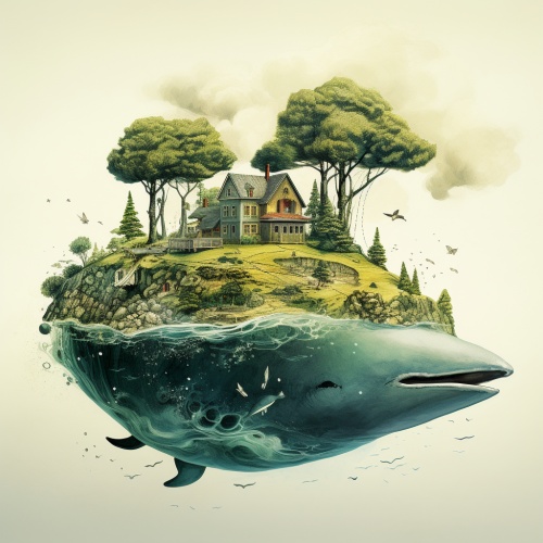 海面上有一座鲸鱼形状的岛屿，一半在海里，岛上有树有房子，插画风
