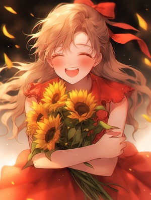 一个可爱美丽红色衣服女孩，半身，正面，高兴的双手抱着无数向日葵，浪漫唯美