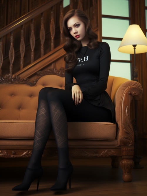 一个穿着黑色连裤袜的黑发女人坐在沙发上，慵懒的姿态，温暖的房间