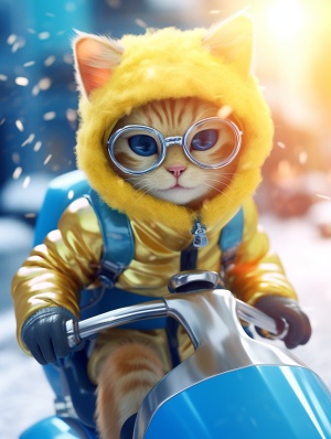 黄色小猫骑电动车送餐，雪中疾驰