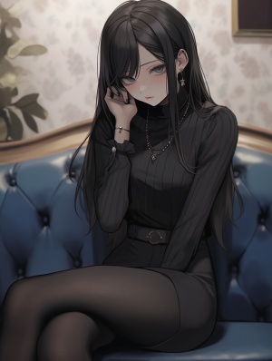一个穿着黑色连裤袜的黑发女人坐在沙发上，慵懒的姿态，温暖的房间，