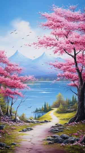 春意盎然的蓝天湖水与山树路