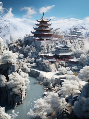 Surreal Chinese High Mountain Temple Town with Glaciers and Luminous Particles