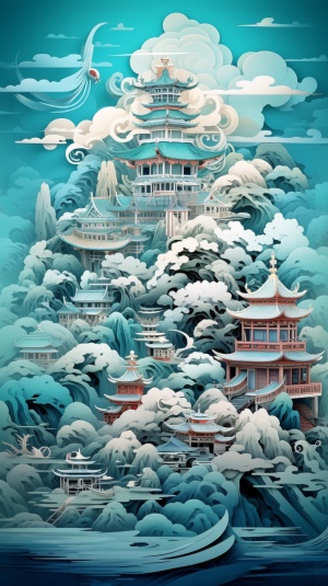 中国剪纸艺术品，具有柔和的边缘，低多边形，精确，详细的建筑绘画，浅灰色和深青色，超高清图像，童话插图，多维图层