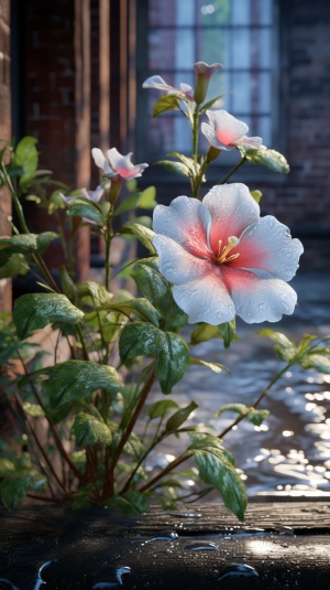一间青砖黑瓦的老房子外面盛开着一朵大琼花，叶子上的露珠晶莹剔透清晰