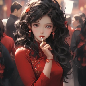 红旗袍美女：绚丽的光影与凌乱发丝