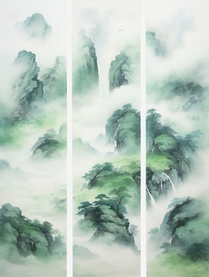 冬天，雾气，超广视角航拍，中国水墨色山水图，绿色青山，气势磅礴，连绵起伏犹如大师之作山水国画，真实拍摄，超清晰度
