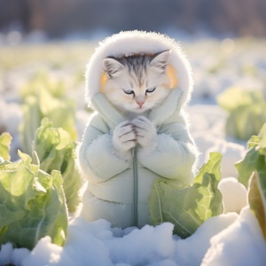 Thriller Movie Style, the cutest baby cat dressed Napa Cabbage, Very young, Sitting with legs crossed and hands in prayer position,ice and snow world, sunlight,