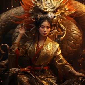 自信的中国古风女道士和金光中的龙