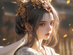 中国古代宫廷风格的动漫女孩：浅金色与棕色的优雅情感面孔