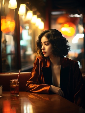 Wong Kar Wai moviestyle，a lady sitting out ofa lit up restaurant, in the style of neo-pop sensibility, soft focus, gongbi, dark amber, romantic emotion, romantic scenery, sharpfocus -ar 3:4-