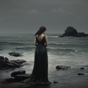 一个忧郁的女孩站在海边