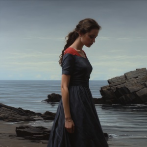 一个忧郁的女孩站在海边