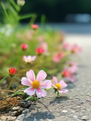 中国花朵写实：盛开的小花在小路旁