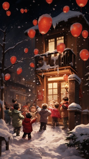 雪中爆竹，红灯笼欢喜迎新年