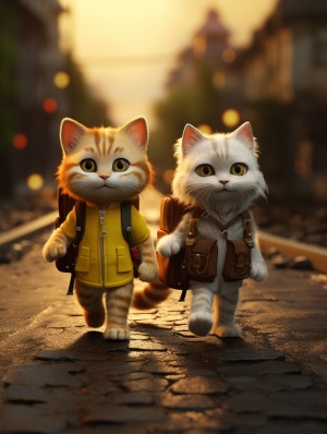 两只带黄色背包的猫在路上，白色的猫，幼儿猫，可爱梦幻，3d风格，皮克斯风格，小猫穿着衣服，拟人化，全身照，前景